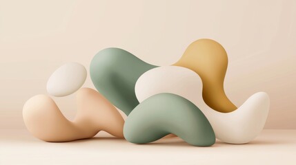 Poster - Smooth, flowing shapes in soft pastel colors resting on a flat surface create a calming and contemporary abstract composition, evoking feelings of serenity and balance