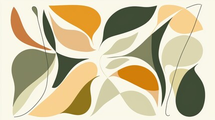 Poster - Modern abstract background featuring overlapping organic shapes in warm earthy tones of orange, green, and beige, creating a visually appealing and artistic design