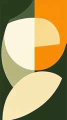 Poster - Modern abstract art composition with overlapping geometric shapes creating a dynamic and visually engaging design in a palette of orange, green, and cream colors