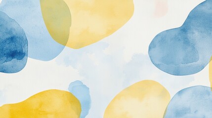 Poster - Soft, organic shapes in tranquil blues and sunny yellows blend seamlessly on a textured white canvas, creating a calming and uplifting abstract watercolor background