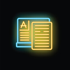 Poster - Vibrant neon icon illustrating the concept of digital document editing with a stylized computer screen and document