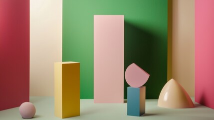 Poster - Geometric podiums and colorful abstract shapes are creating a vibrant and modern composition, ideal for showcasing products or concepts related to design, art, or creativity