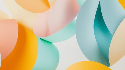 Poster - Intertwined pastel-colored paper stripes create a visually appealing abstract composition, forming elegant curves and shapes against a white backdrop, suitable for backgrounds and design projects
