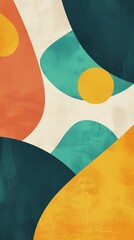 Poster - Modern abstract composition with overlapping organic shapes in vibrant teal, orange, yellow, and dark blue, creating a visually captivating design on a textured off-white background