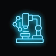Poster - Glowing neon icon of a microscope analyzing molecule structure, representing scientific research and laboratory analysis