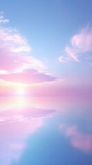 Poster - pink and blue hues of sunset reflecting on perfectly still water, with pastel-colored clouds creatin