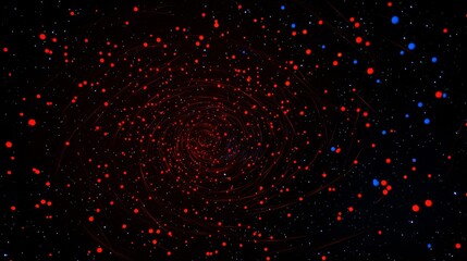 Poster - Red and blue particles spiral through the darkness of space, creating a mesmerizing vortex of light and energy, suggesting a journey through space and time or the mysteries of the universe