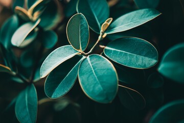 Poster - Close-up view of vibrant green leaves forming an intricate pattern, creating a lush and textured natural background with a shallow depth of field