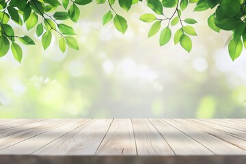 Poster - Offering an empty wooden table perspective, featuring a vibrant green bokeh background and gently hanging leaves, creating a serene atmosphere perfect for product placement