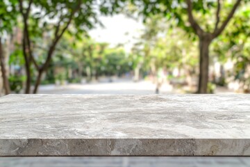 Poster - Empty marble stone table top with blurred park in background, showcasing a tranquil setting ideal for product placement or design presentations