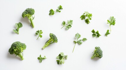 Poster - Sprigs of fresh green broccoli and parsley are arranged on a pristine white background, creating a visually appealing pattern that speaks to healthy eating and fresh ingredients