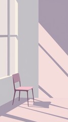 Poster - Minimalist illustration featuring a pink modern chair basking in sunlight streaming through a window, creating an aesthetically pleasing interplay of light and shadow within a pastel-colored room