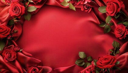 Poster - Red Roses and Luxurious Red Fabric Background