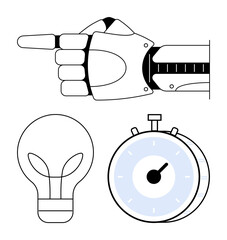 Wall Mural - Robotic hand extends index finger, paired with a glowing light bulb and stopwatch. Ideal for technology, innovation, productivity, time management, automation, creativity, abstract line flat metaphor