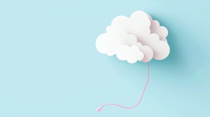 Poster - Minimalist paper art depicting a white cloud floating serenely against a light blue backdrop, suspended by a delicate pink string, creating a dreamy and whimsical atmosphere