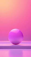 Poster - Glossy purple sphere rests precariously on a pink rectangular pedestal against a soft gradient backdrop transitioning from warm orange to vibrant pink. Creating a surreal and minimalist composition