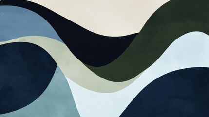 Poster - Abstract background showcasing intertwined wavy shapes in various shades of blue, green, black, and beige, creating a modern and elegant design suitable for diverse applications