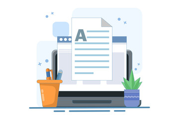 Concept Writing online text document content on desktop computer or creating essay or book on PC, writing script or editing web text file, reading blog article idea. flat cartoon illustration.