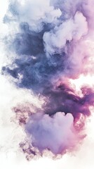 Poster - Smoke in shades of purple and blue billows and swirls against a white backdrop, creating a mesmerizing abstract composition with ethereal textures and dreamlike qualities