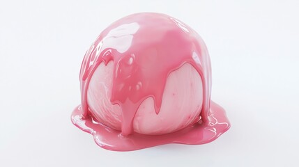 Poster - Pink glaze dripping over a sphere creating a visually appealing abstract composition on a white background, ideal for showcasing concepts related to sweetness, indulgence, or melting