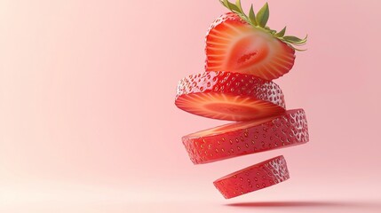 Poster - Fresh, juicy strawberry cut into slices and floating against a vibrant pink backdrop, creating a visually appealing and minimalist food concept