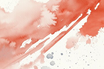 Poster - Blending soft coral hues with delicate gray splatters, creating an expressive watercolor painting with dynamic strokes on a textured white background