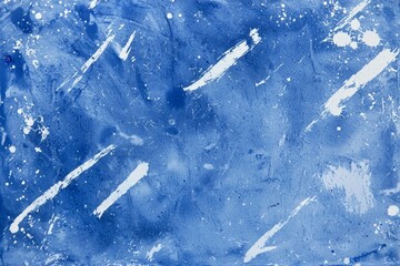 Poster - Vibrant abstract painting in shades of blue, featuring dynamic white brushstrokes and splatters across a textured surface, creating an engaging and artistic backdrop