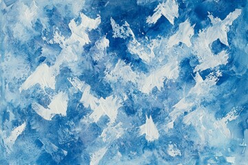 Poster - White brushstrokes dynamically dance across a vibrant blue watercolor wash, creating a textured and abstract composition with a sense of depth and movement