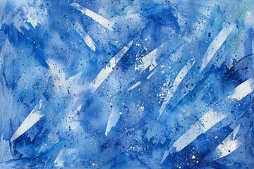 Poster - Hand-painted watercolor background in shades of blue with dynamic white splashes and silver glitter, creating a vibrant and textured abstract design