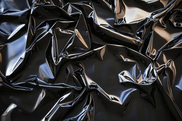 Poster - Crumpled black plastic sheet reflecting light and shadow, creating an abstract and textured background with a glossy and reflective surface
