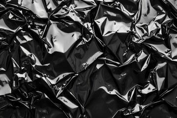 Poster - Crumpled black plastic sheet forming an abstract pattern with intriguing reflections, creating a textured and visually interesting background