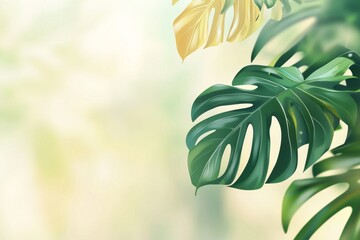 Poster - Lush, vibrant green and gold monstera leaves are creating a serene and calming tropical atmosphere with a soft, blurred background, perfect for evoking feelings of tranquility and relaxation