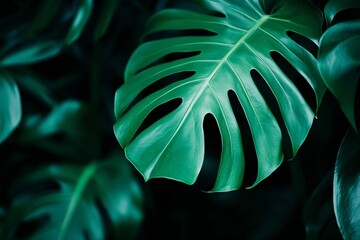 Poster - Close-up of a vibrant green monstera deliciosa leaf, showcasing its unique fenestrations and contributing to a lush, tropical atmosphere, ideal for nature-inspired designs