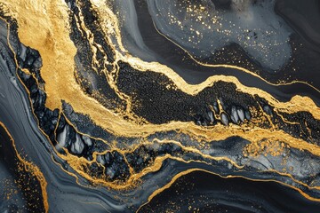 Poster - Fluid acrylic painting showcasing an abstract texture filled with shimmering gold and deep black pigments, evoking the elegance of marble and precious minerals