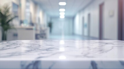 Poster - White marble surface offering product placement space with a blurred hospital corridor in the background, creating a professional and sterile medical setting