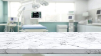 Poster - White marble table top providing space for product placement with blurred operating room background, suitable for medical and healthcare products display