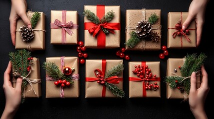 Wall Mural - Hands arranging beautifully wrapped festive gifts