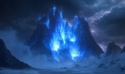 Wall Mural - Mystical blue glowing energy emanates from jagged snow-covered mountains at night