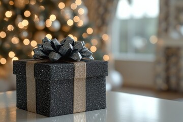 Elegant black gift box with silver ribbon on table in cozy room adorned with Christmas tree and festive decorations