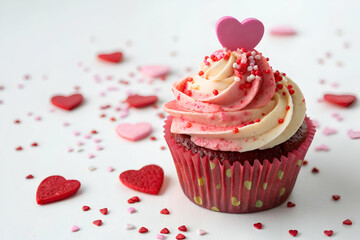 Wall Mural - A beautifully decorated cupcake with pink and white frosting, topped with a heart-shaped candy, surrounded by colorful heart sprinkles.