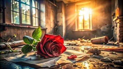 Wall Mural - Abandoned building, red rose whispers lost love; urban exploration's haunting beauty.