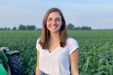 Wall Mural - Woman smiling in cornfield, tractor background, agriculture