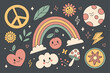 © Mahfuza - Colorful sticker set, kawaii style, peace signs, rainbows, hearts, flowers, butterflies, planets, stars, moons, lightning bolts, smiley faces, teddy bears, cherries, mushrooms