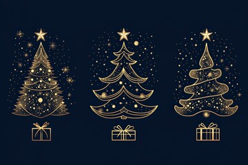 Wall Mural - Elegant gold Christmas trees with presents create a festive atmosphere for holiday celebrations