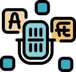 Poster - Microphone is converting audio into different languages and currency symbols, representing global communication and financial transactions