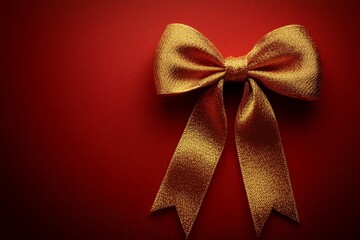 Golden bow tied neatly against a vibrant red background ideal for gifts and decorations