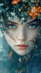 Poster - Captivating emotional portrait of a woman surrounded by nature close-up creative visuals artistic environment intimate perspective
