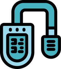 Poster - Electronic device with buttons and lights connecting to smaller device with cable, suggesting remote control or communication