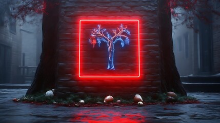 Wall Mural - Neon Tree Sign Illuminates A Brick Wall At Night