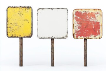 Three rusty blank signs, isolated on white, for design